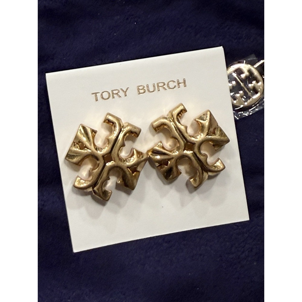 Tory Burch Gold Roxanne Stud LOGO 1" Matte Statement Earrings OLD MONEY Dust Bag